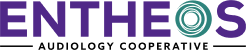 Logo for Entheos Audiology Cooperative. The word ENTHEOS is in bold purple letters with the letter O depicted as overlapping green and teal circular rings. AUDIOLOGY COOPERATIVE is written below in smaller letters.